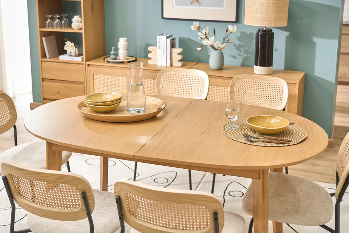 Table à manger ovale extensible avec rallonges intégrées en bois clair chêne L150-200 cm ANSEL