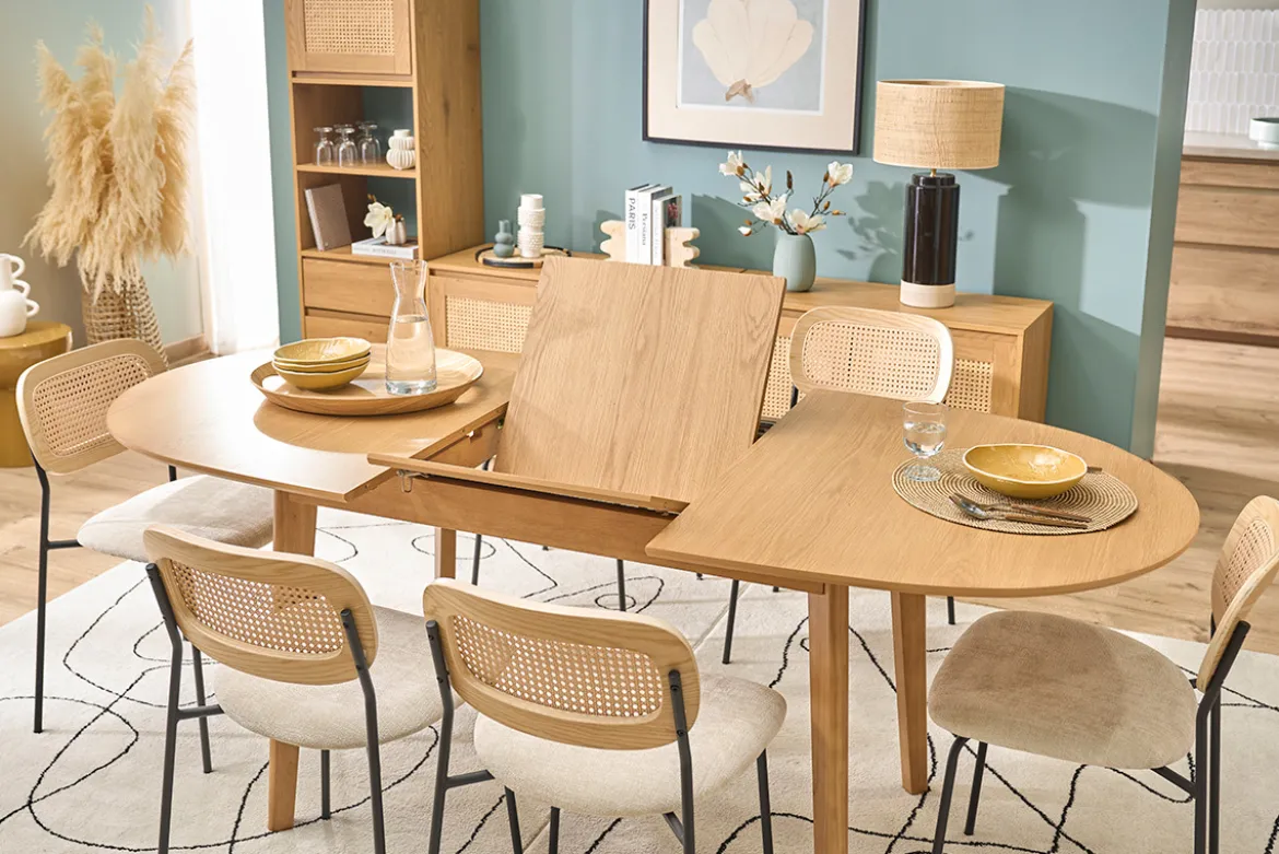 Table à manger ovale extensible avec rallonges intégrées en bois clair chêne L150-200 cm ANSEL