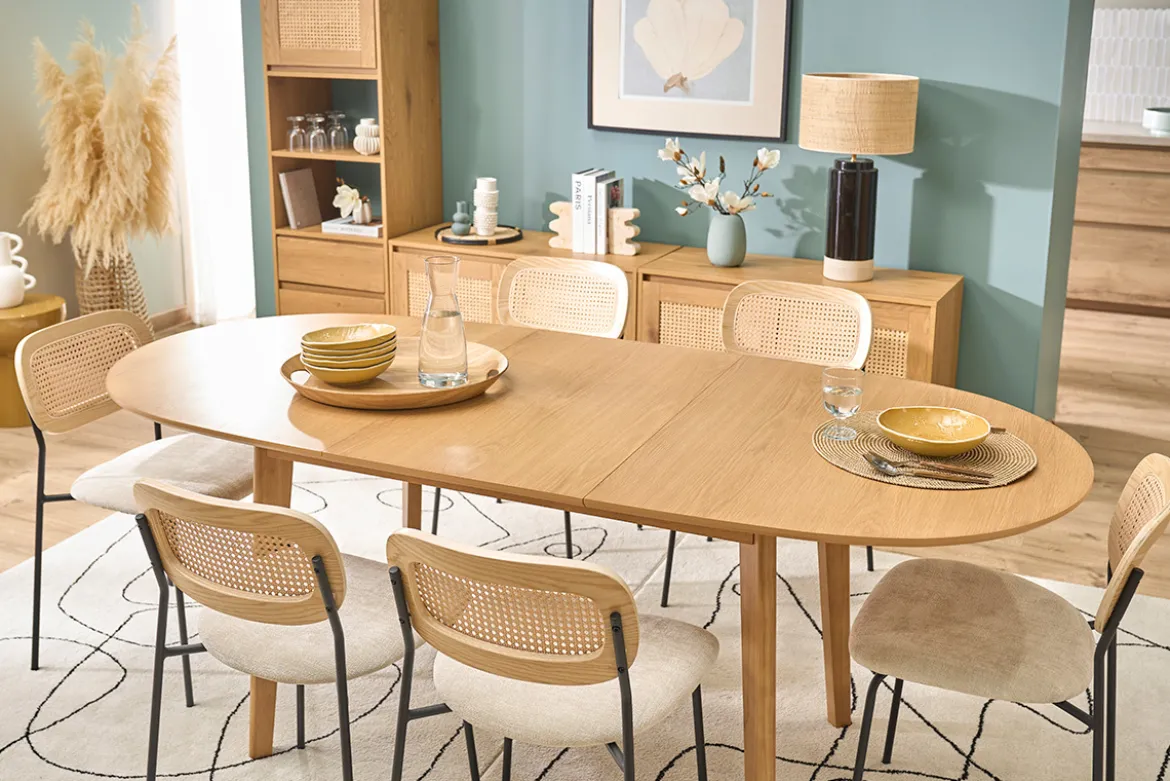 Table à manger ovale extensible avec rallonges intégrées en bois clair chêne L150-200 cm ANSEL