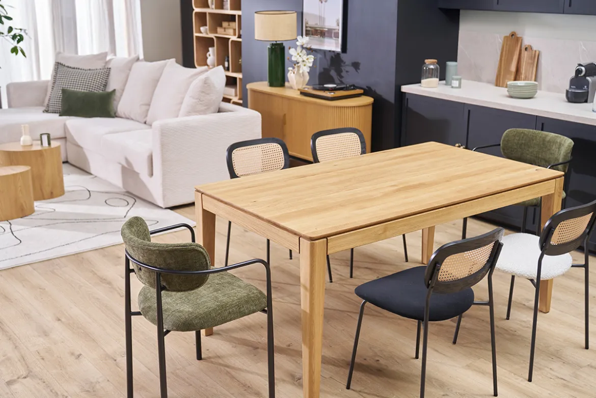 Table à manger rectangulaire extensible rallonge intégrée en bois clair chêne massif L160-245 cm NELYA