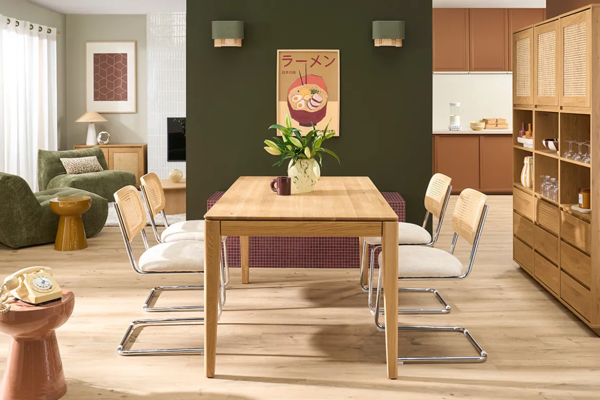Table à manger rectangulaire extensible rallonge intégrée en bois clair chêne massif L160-245 cm NELYA