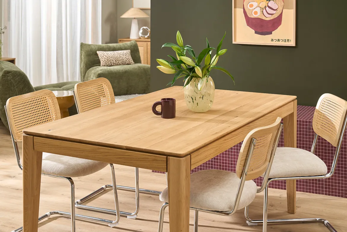 Table à manger rectangulaire extensible rallonge intégrée en bois clair chêne massif L160-245 cm NELYA