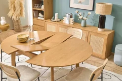 Table à manger ronde extensible avec rallonges intégrées en bois clair chêne L120-150 cm ANSEL