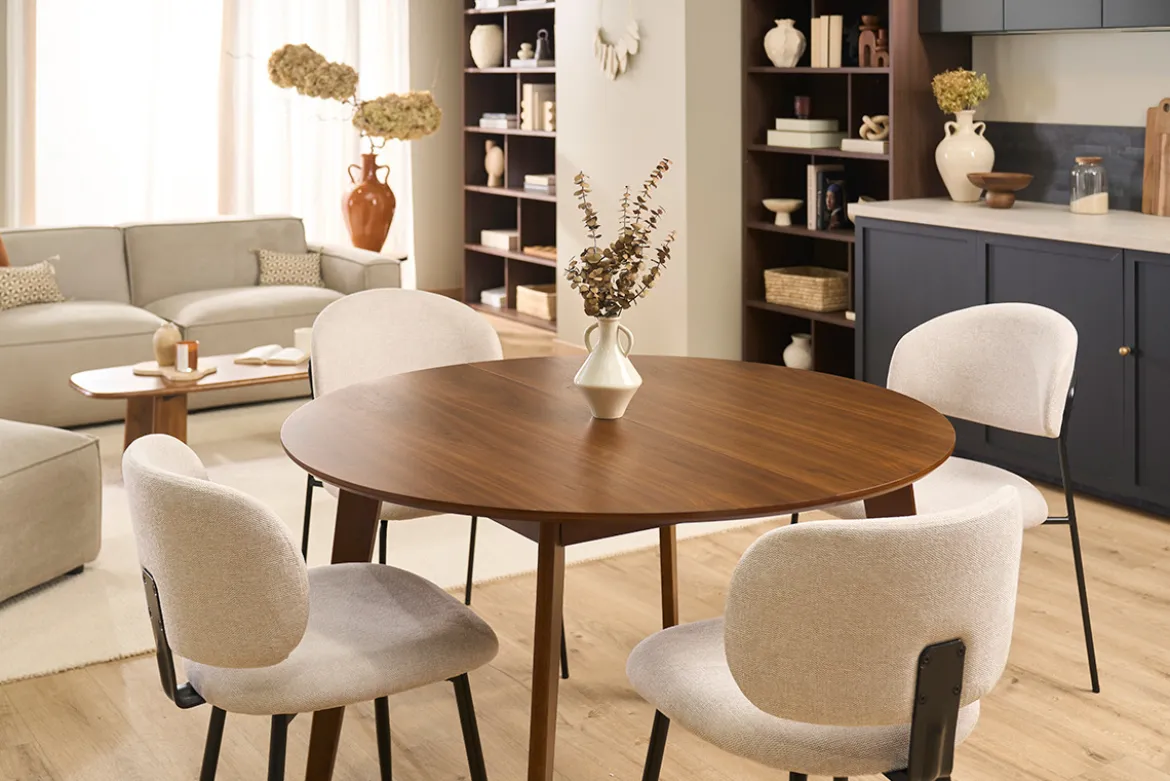Table à manger ronde extensible finition noyer L120-150 cm LEENA