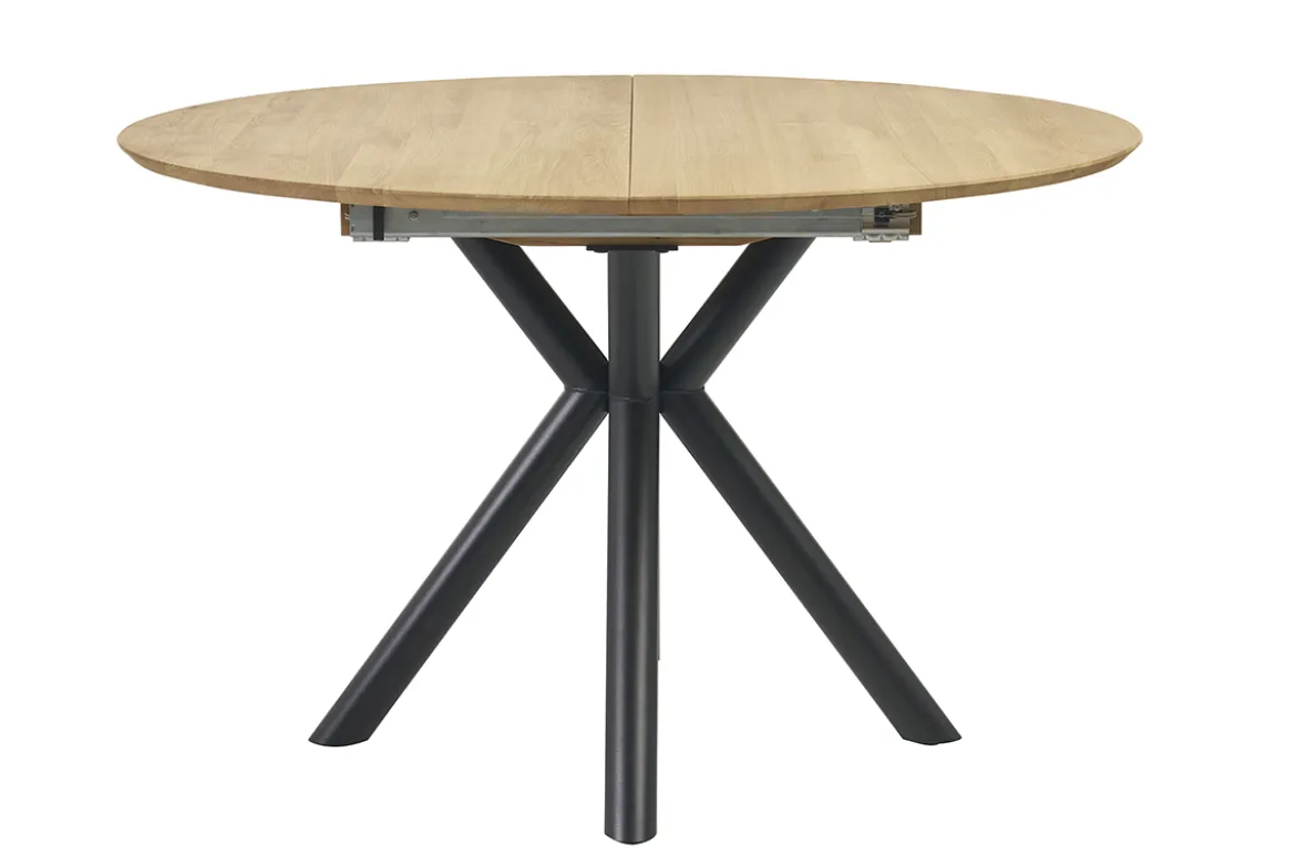 Table à manger ronde extensible en bois clair chêne massif et métal L120-170 cm OLGA