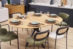 Table à manger ronde extensible en bois clair chêne massif et métal L120-170 cm OLGA