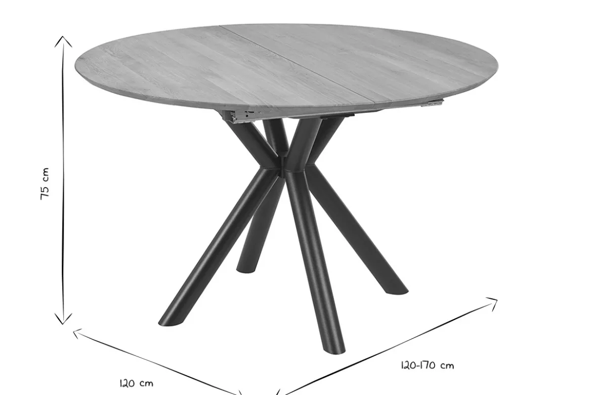 Table à manger ronde extensible en bois clair chêne massif et métal L120-170 cm OLGA