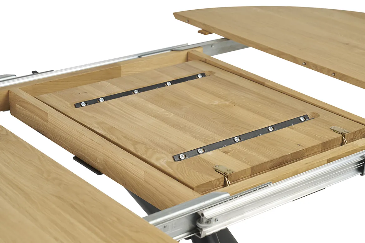 Table à manger ronde extensible en bois clair chêne massif et métal L120-170 cm OLGA