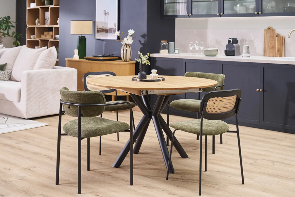 Table à manger ronde extensible en bois clair chêne massif et métal L120-170 cm OLGA