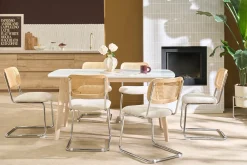 Table à manger scandinave blanc et bois clair rectangulaire L150 cm LEENA