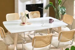 Table à manger scandinave blanc et bois clair rectangulaire L150 cm LEENA