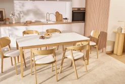 Table à manger scandinave extensible blanche pieds bois rectangulaire L180-260 cm DELAH
