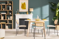 Table à manger scandinave ronde extensible blanc et bois L120-150 cm LEENA