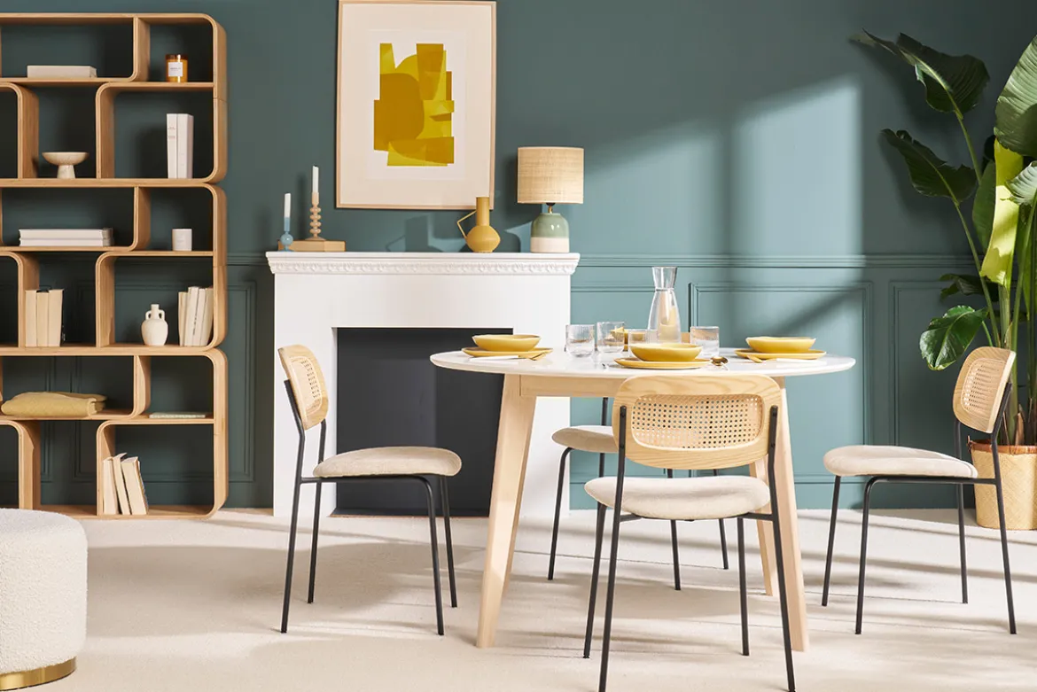 Table à manger scandinave ronde extensible blanc et bois L120-150 cm LEENA