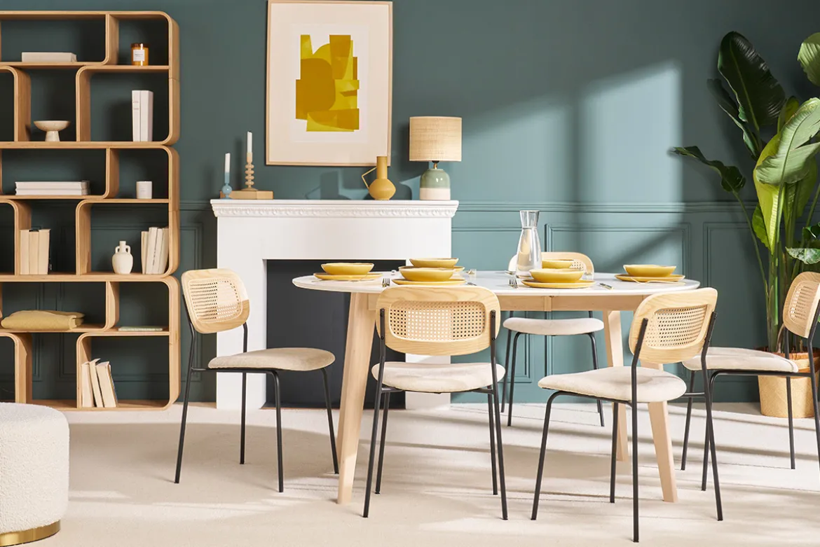 Table à manger scandinave ronde extensible blanc et bois L120-150 cm LEENA