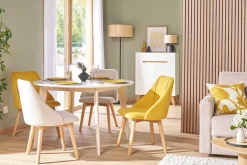 Table à manger scandinave ronde extensible blanc et bois L120-150 cm LEENA
