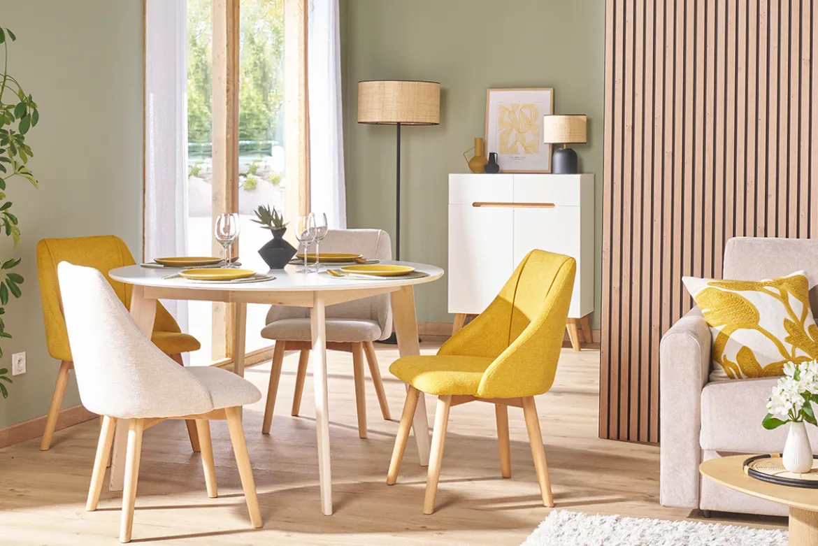 Table à manger scandinave ronde extensible blanc et bois L120-150 cm LEENA