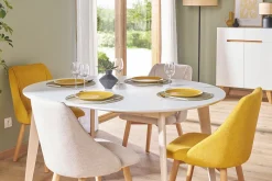 Table à manger scandinave ronde extensible blanc et bois L120-150 cm LEENA