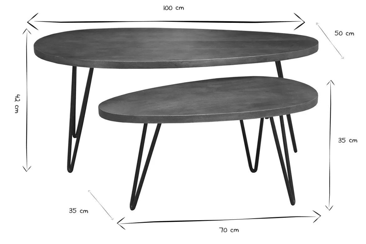 Tables basses gigognes bois foncé manguier massif et métal noir (lot de 2) VIBES