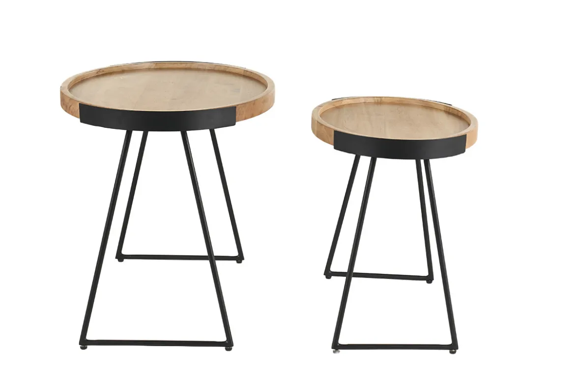 Tables basses gigognes bois massif et métal noir (lot de 2) ELAVO