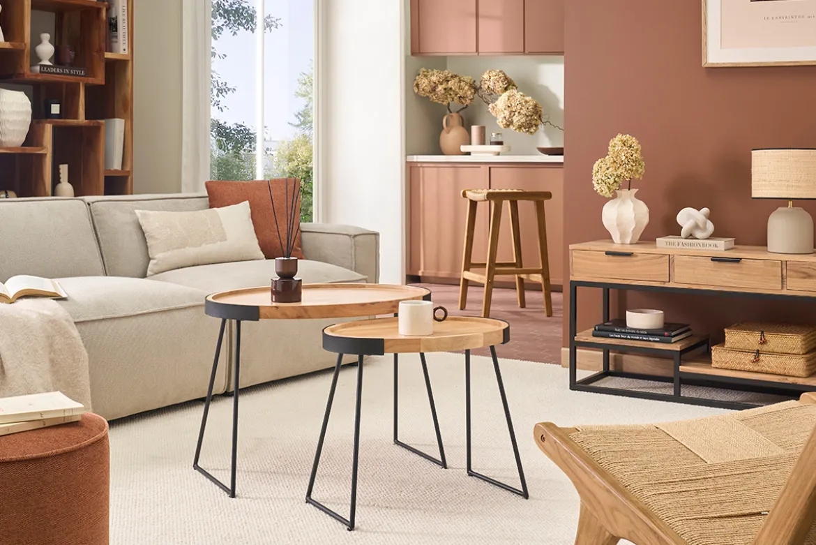 Tables basses gigognes bois massif et métal noir (lot de 2) ELAVO