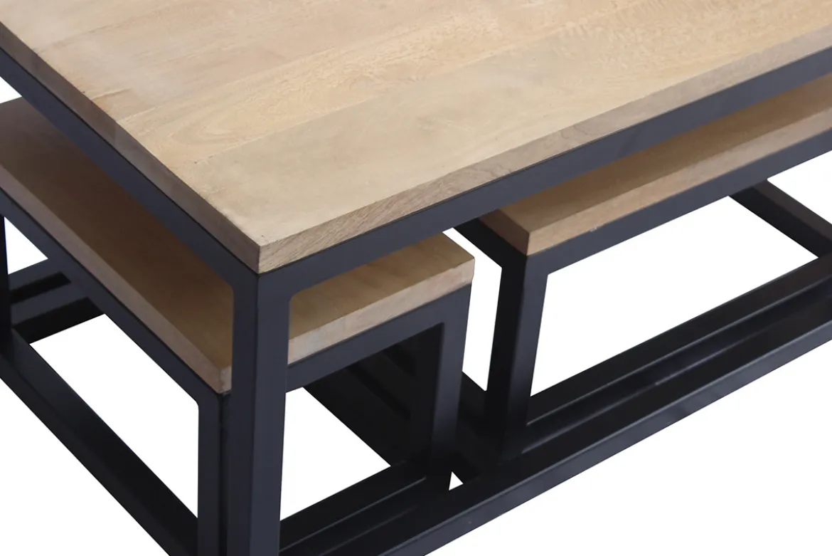 Tables basses gigognes bois manguier massif et métal noir (lot de 3) FACTORY