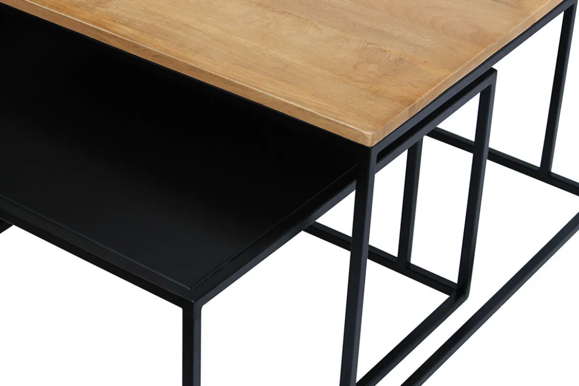 Tables basses gigognes carrées bois manguier massif et métal noir (lot de 2) TAHL