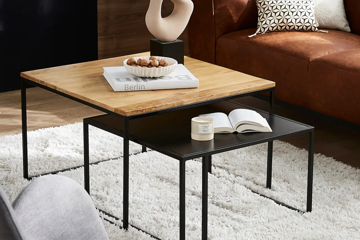 Tables basses gigognes carrées bois manguier massif et métal noir (lot de 2) TAHL