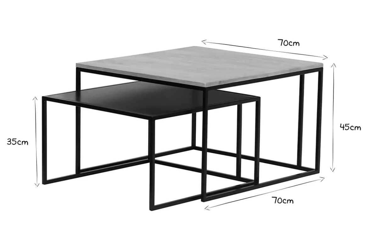 Tables basses gigognes carrées bois manguier massif et métal noir (lot de 2) TAHL
