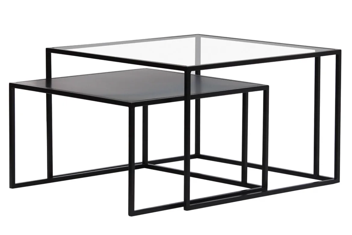 Tables basses gigognes carrées design verre trempé et métal noir (lot de 2) TAHL