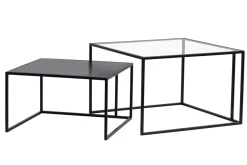 Tables basses gigognes carrées design verre trempé et métal noir (lot de 2) TAHL