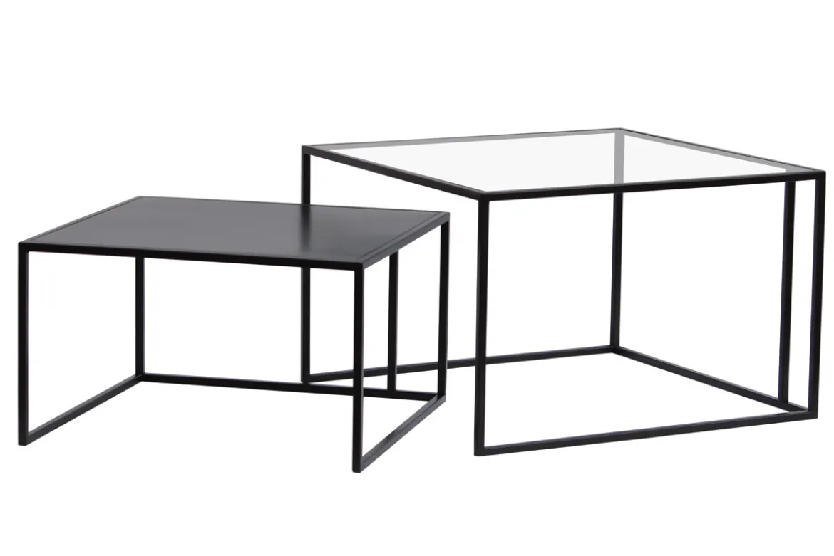 Tables basses gigognes carrées design verre trempé et métal noir (lot de 2) TAHL