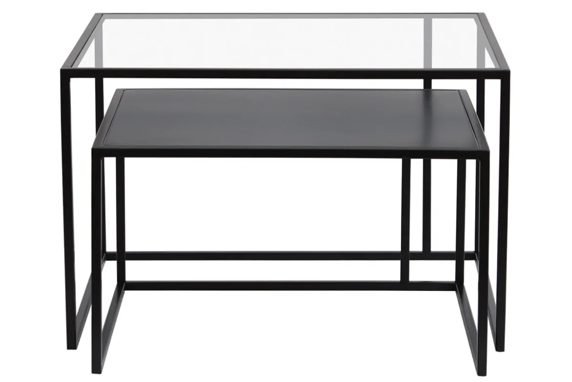 Tables basses gigognes carrées design verre trempé et métal noir (lot de 2) TAHL