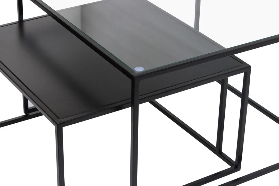 Tables basses gigognes carrées design verre trempé et métal noir (lot de 2) TAHL