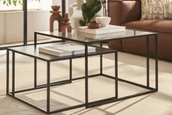 Tables basses gigognes carrées design verre trempé et métal noir (lot de 2) TAHL
