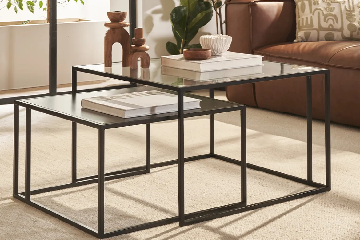 Tables basses gigognes carrées design verre trempé et métal noir (lot de 2) TAHL
