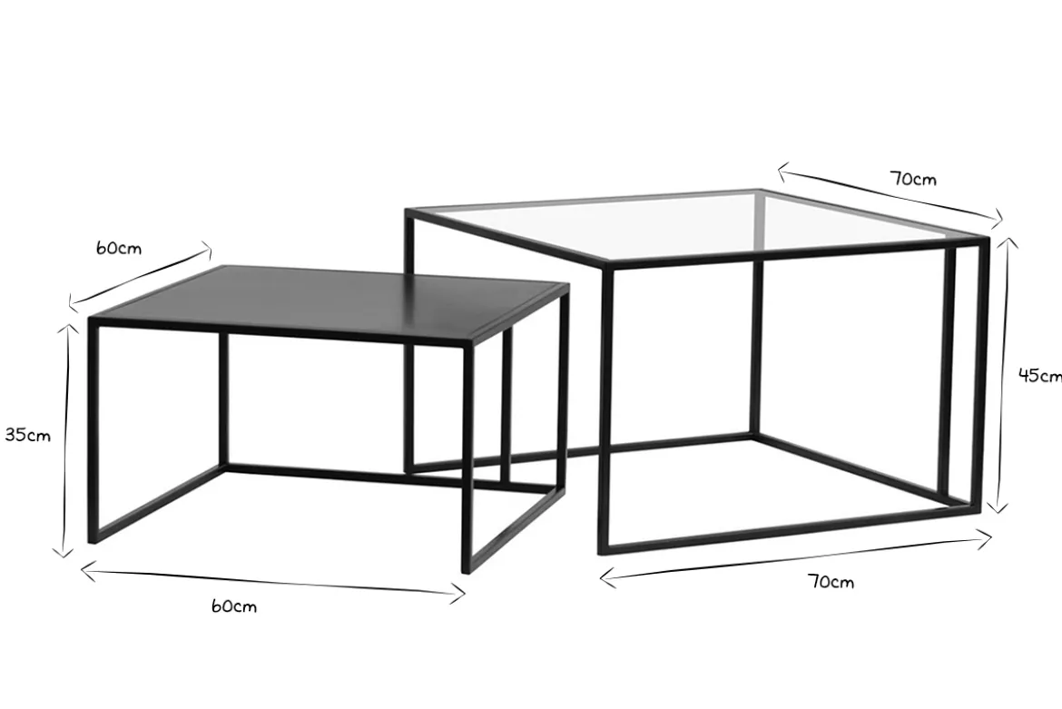 Tables basses gigognes carrées design verre trempé et métal noir (lot de 2) TAHL