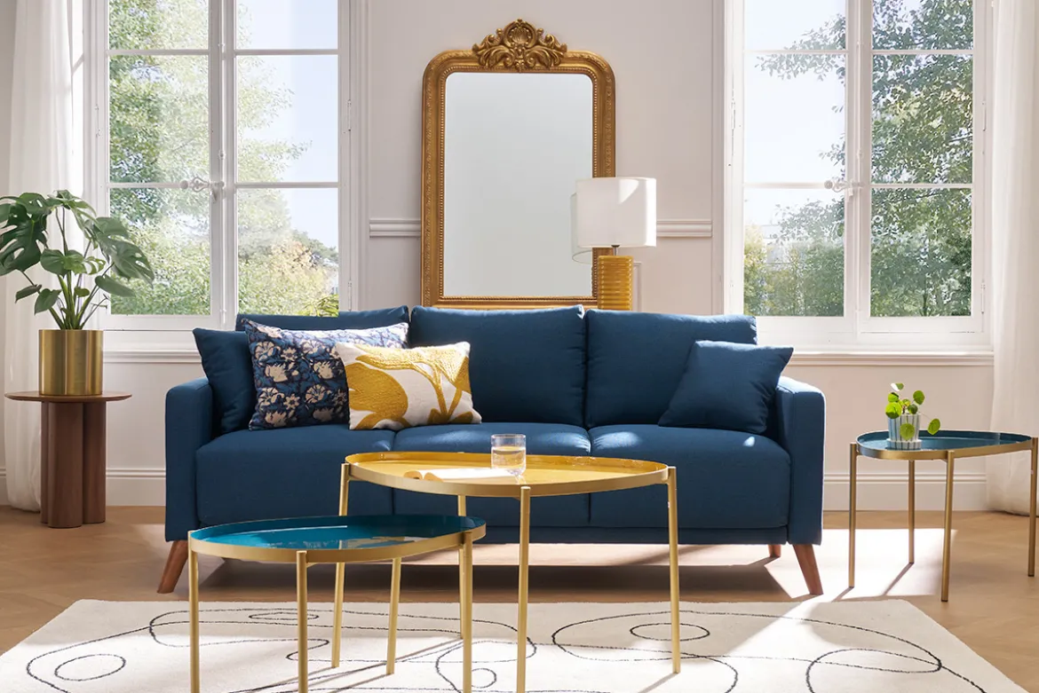 Tables basses gigognes laquées moutarde, bleu canard et bleu (lot de 3) ZURIA