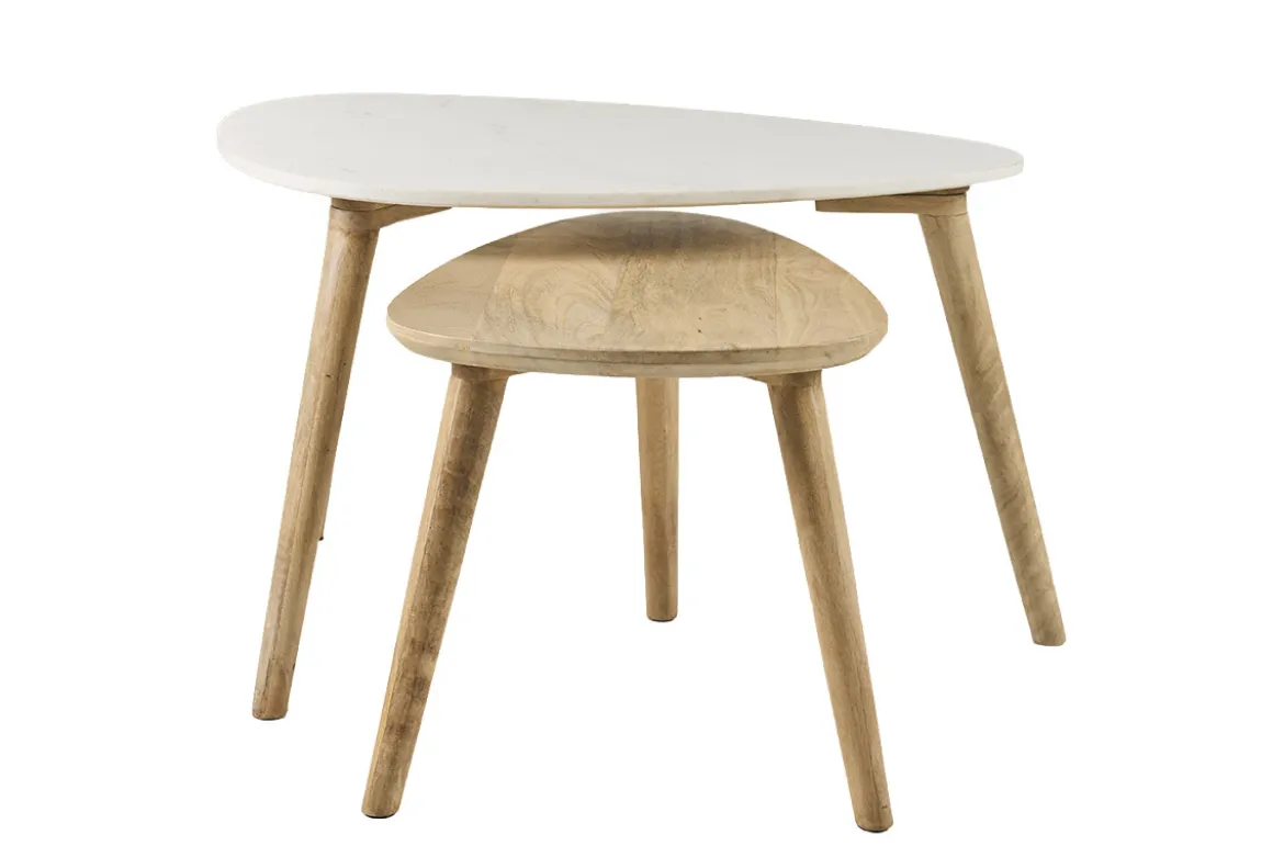 Tables basses gigognes marbre blanc et bois manguier massif (lot de 2) EVY