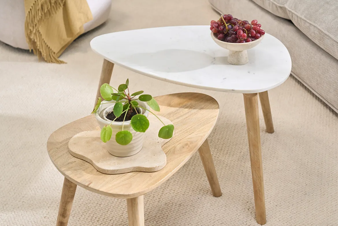 Tables basses gigognes marbre blanc et bois manguier massif (lot de 2) EVY