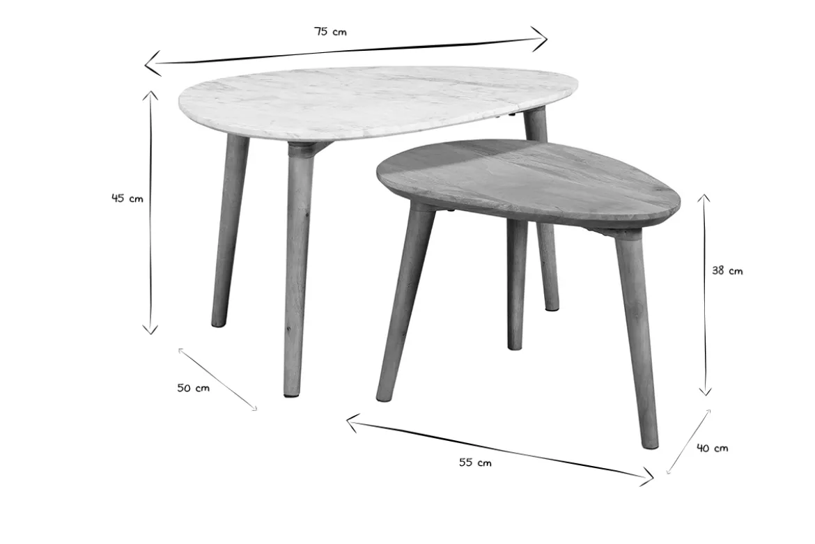 Tables basses gigognes marbre blanc et bois manguier massif (lot de 2) EVY