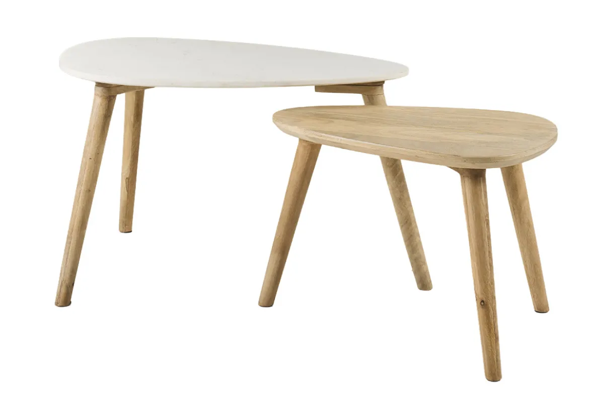 Tables basses gigognes marbre blanc et bois manguier massif (lot de 2) EVY