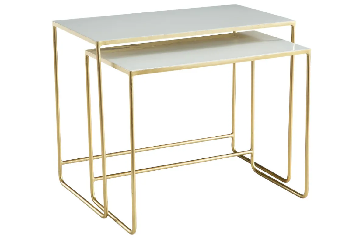 Tables basses gigognes rectangulaires design blanc et métal doré (lot de 2) WESS
