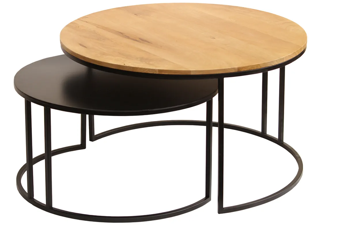 Tables basses gigognes rondes bois manguier massif et métal noir (lot de 2) TAHL