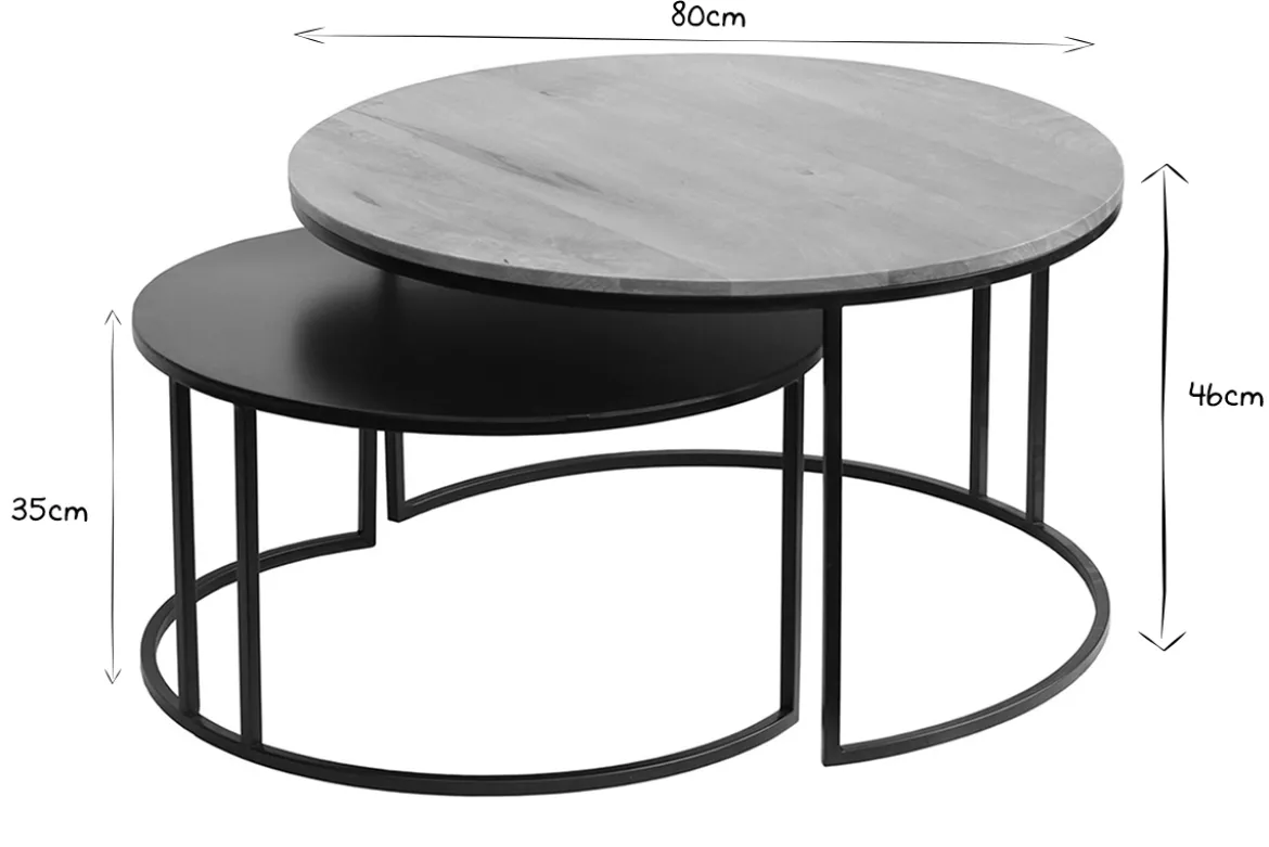 Tables basses gigognes rondes bois manguier massif et métal noir (lot de 2) TAHL