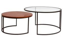 Tables basses gigognes rondes verre trempé, bois manguier massif teinté et métal noir (lot de 2) TAHL