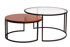 Tables basses gigognes rondes verre trempé, bois manguier massif teinté et métal noir (lot de 2) TAHL