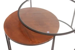 Tables basses gigognes rondes verre trempé, bois manguier massif teinté et métal noir (lot de 2) TAHL