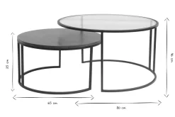 Tables basses gigognes rondes verre trempé, bois manguier massif teinté et métal noir (lot de 2) TAHL