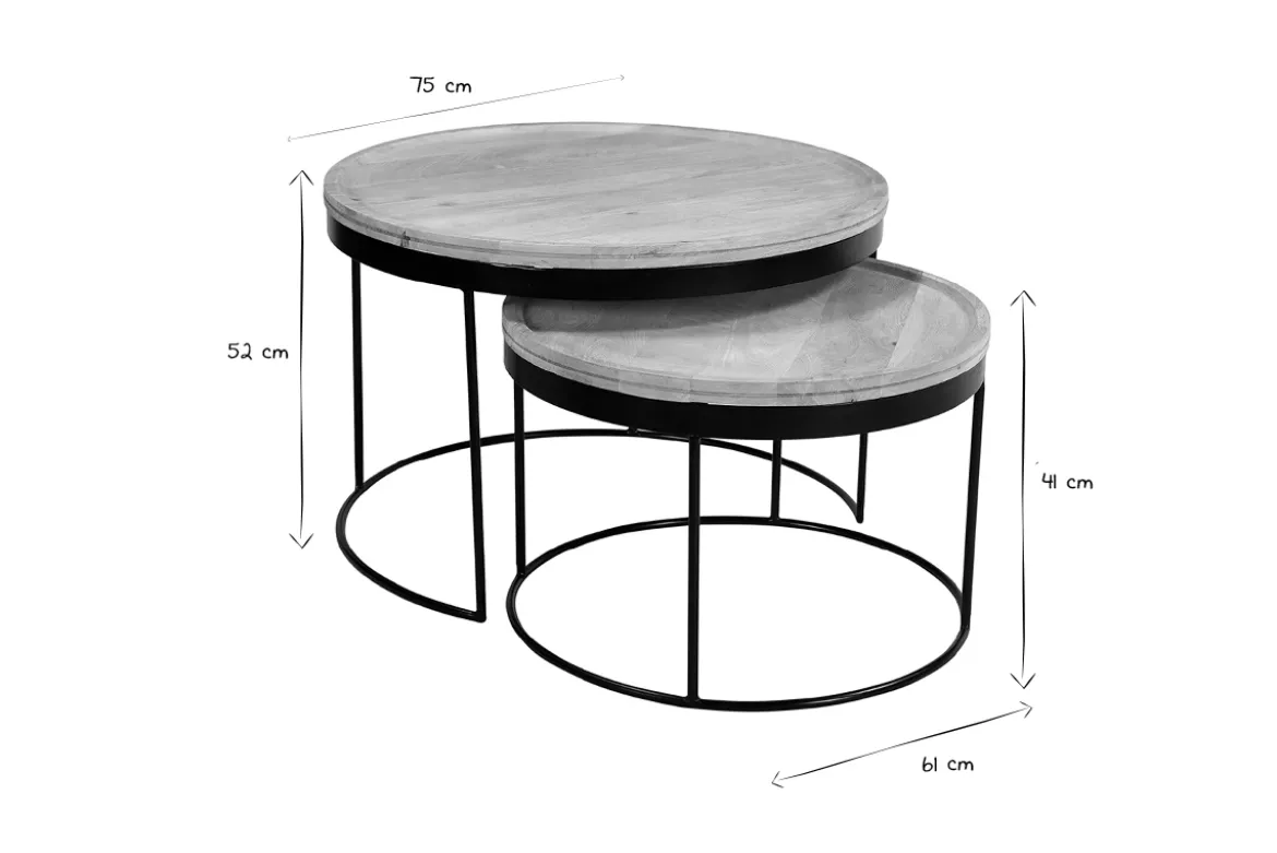 Tables basses gigognes rondes bois manguier massif et métal noir (lot de 2) LEDGE